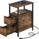 VASAGLE Side End Table with Charging Station, Slim Nightstand with 2 Drawers, Narrow Bedside Table for Living Room, Small Spaces, 18.9 x 11.8 x 24 Inches, Rustic Brown and Ink Black ULET324K101S