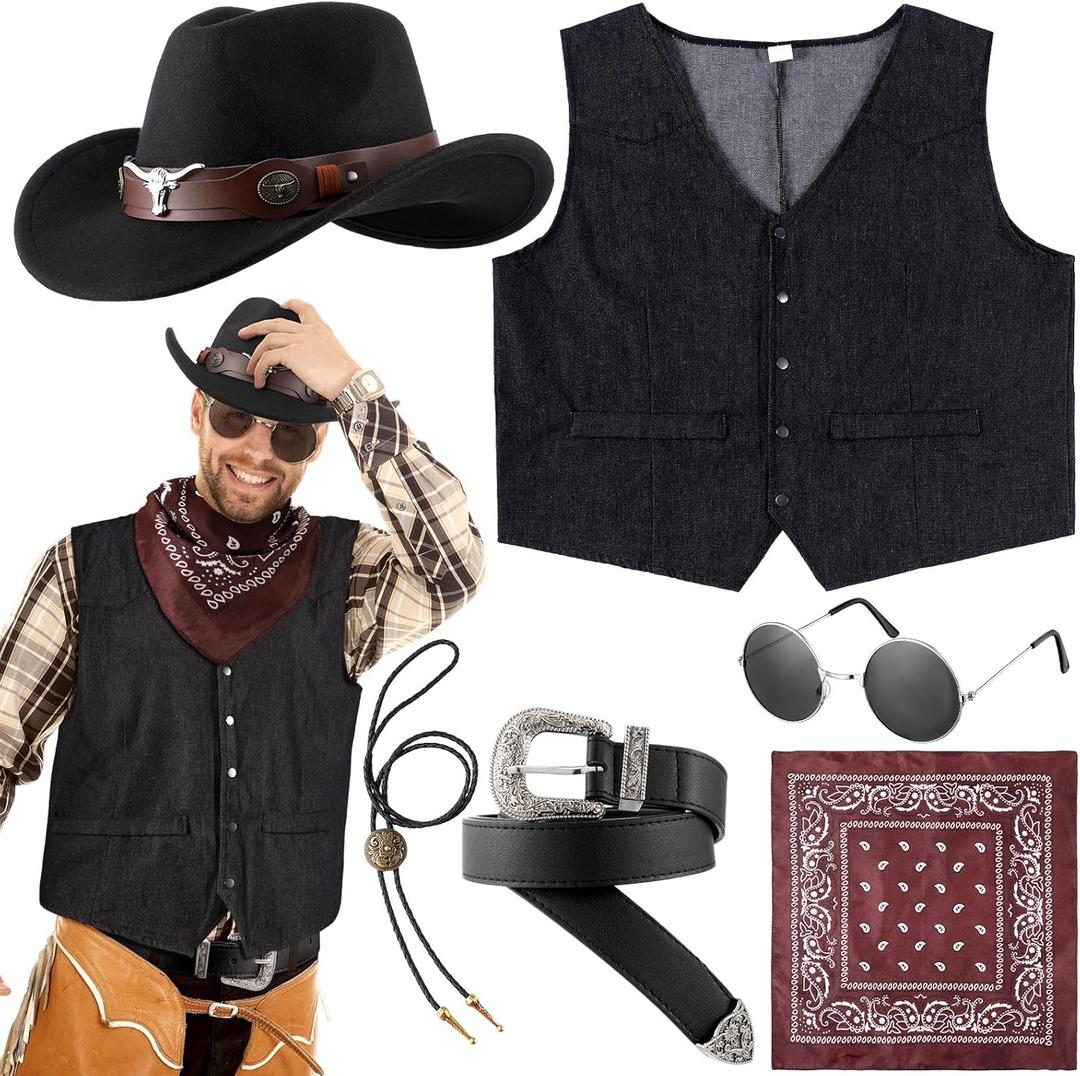 Vabean 6 Pcs Cowboy Costume Men Western Outfit Cowboy Vest Hat Necklace Belt Buckle Bandana Glasses for Halloween Cosplay (Medium, Black)