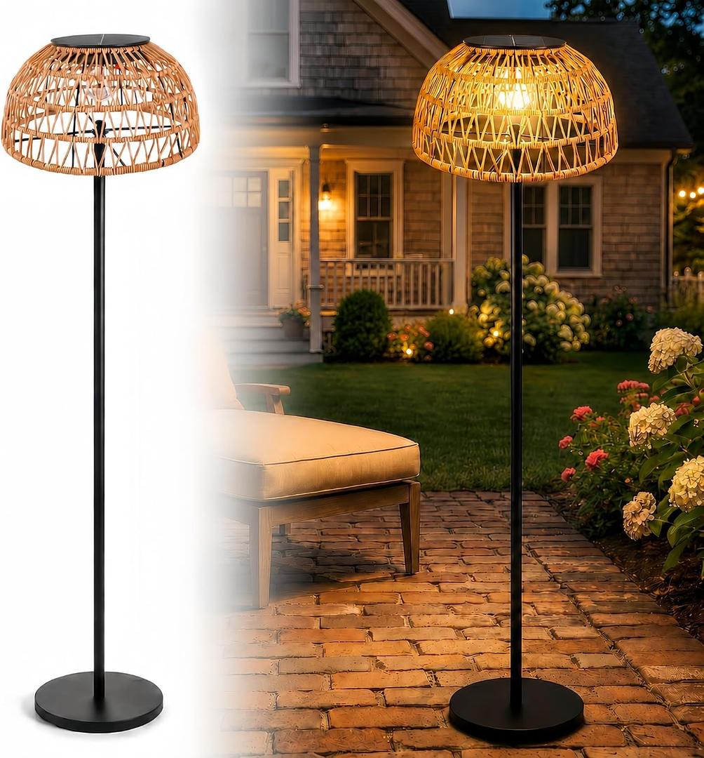 Solar Floor Lamp, 54'' Outdoor Floor Lamps for Patio Ambience | Cordless Rattan Solar Outdoor Lamp,USB Charging, Waterproof,Garden Lantern,Deck Porch Backyard Parties,Poolside Lounge Decor