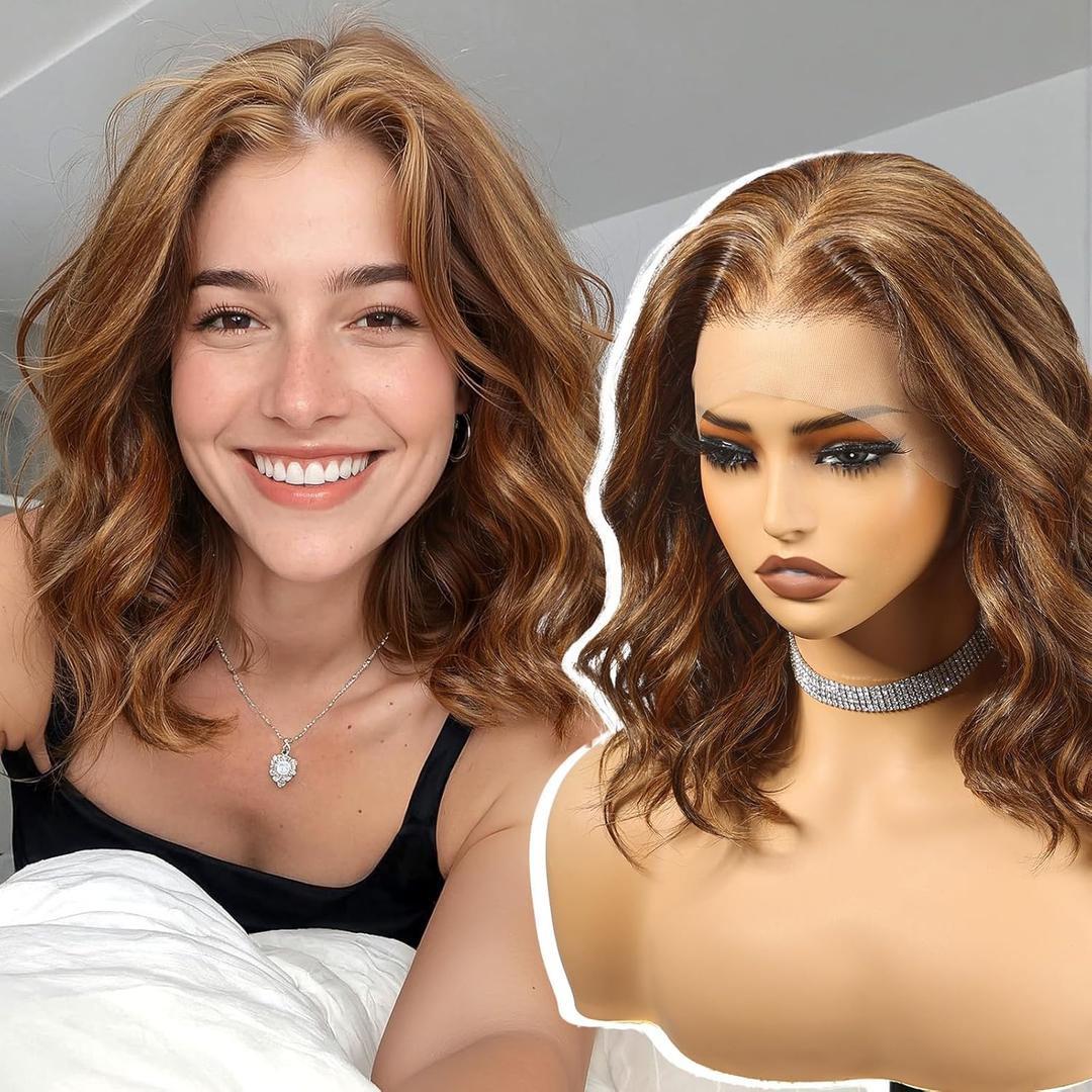 Brown Synthetic Lace Front Wig,136 Glueless Shoulder Length Curly Bob Wigs for Women Daily Use 16IN#P4/27/30