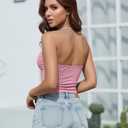 Womens Halter Tank Tops Longline Strappy Top with Built-in Bra V Neck Backless Gym Workout Camis with Adjustable Strap (Pink)