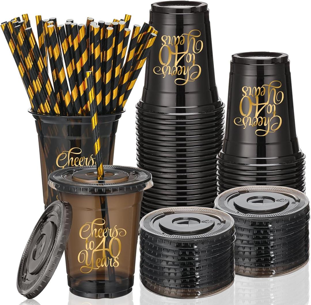 150 Pcs 40th Birthday Cups 12 oz Cheers to 40 Years Disposable Plastic Cups Black Gold Cold Beverage Drinking Tumblers Bulk for Men Women Birthday Wedding Anniversary Party Decorations Favors