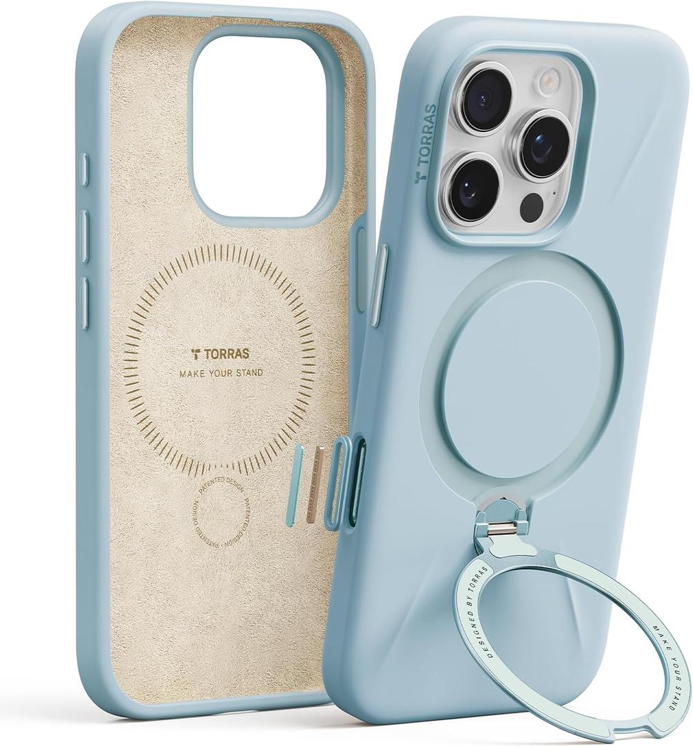 TORRAS Magnetic for iPhone 16 Pro Max Case Silicone with Stand, Fit for MagSafe, 360 Ring Stand with Camera Control, Ostand Q3 Silicone Rubber Soft Case for iPhone 16 Pro Max 6.9'', Baby Blue
