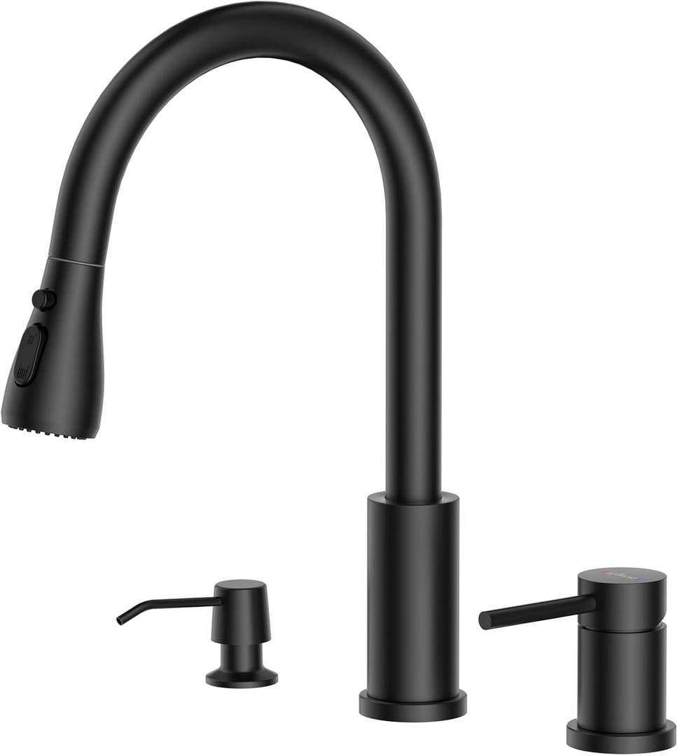 APPASO 3 Hole Kitchen Faucet, Matte Black Kitchen Faucet with Soap Dispenser and Pull Down Sprayer 3 Modes, Stainless Steel High Arch Kitchen Sink Faucet with Separate Handle 3 Pieces