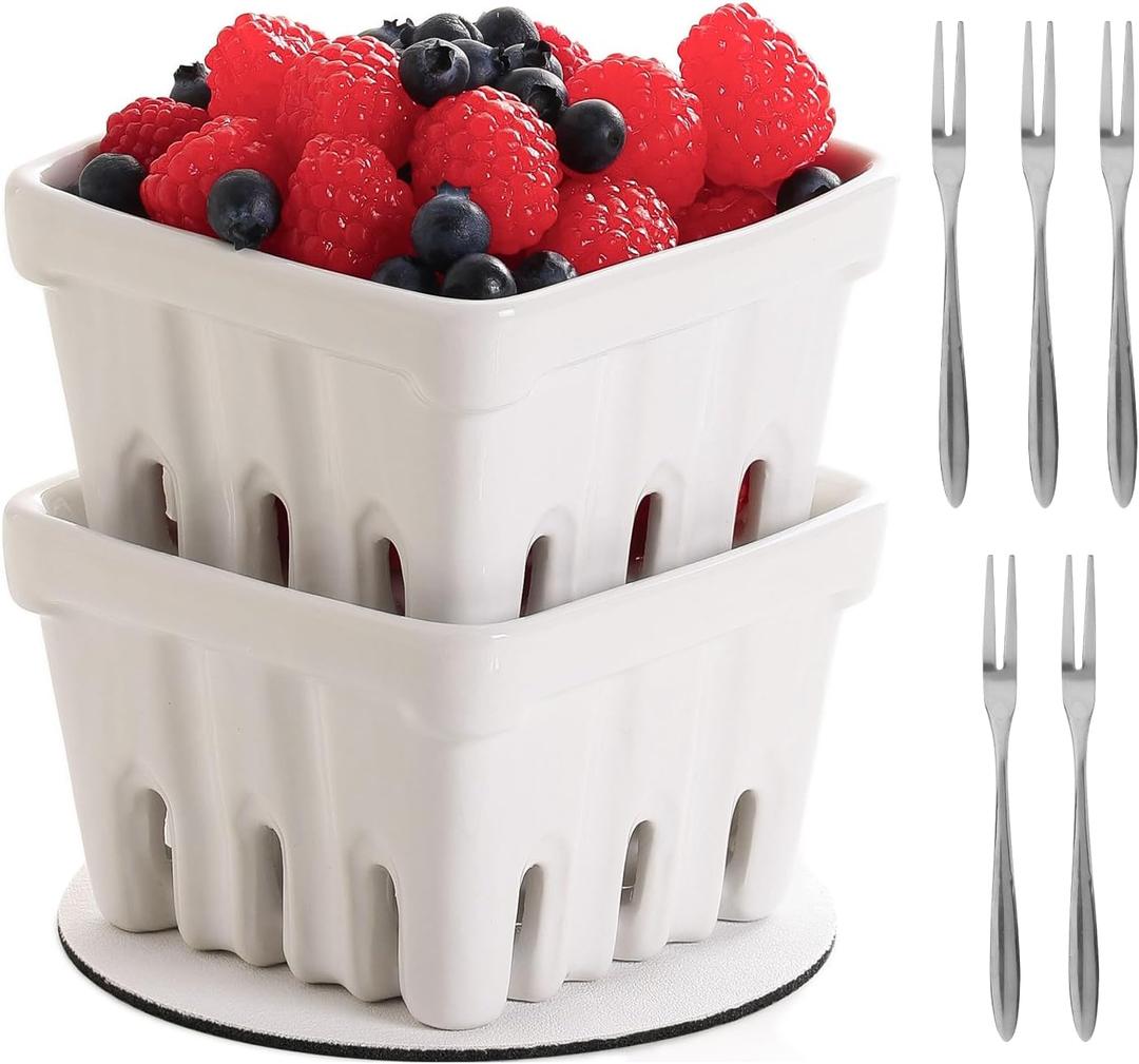 Ceramic Berry Basket, Set of 2 Fruit Bowl with Holes 4 Inch Fruit Basket for Kitchen Counter, Berry Containers for Berries, Strawberry, Grape, Cherry, White