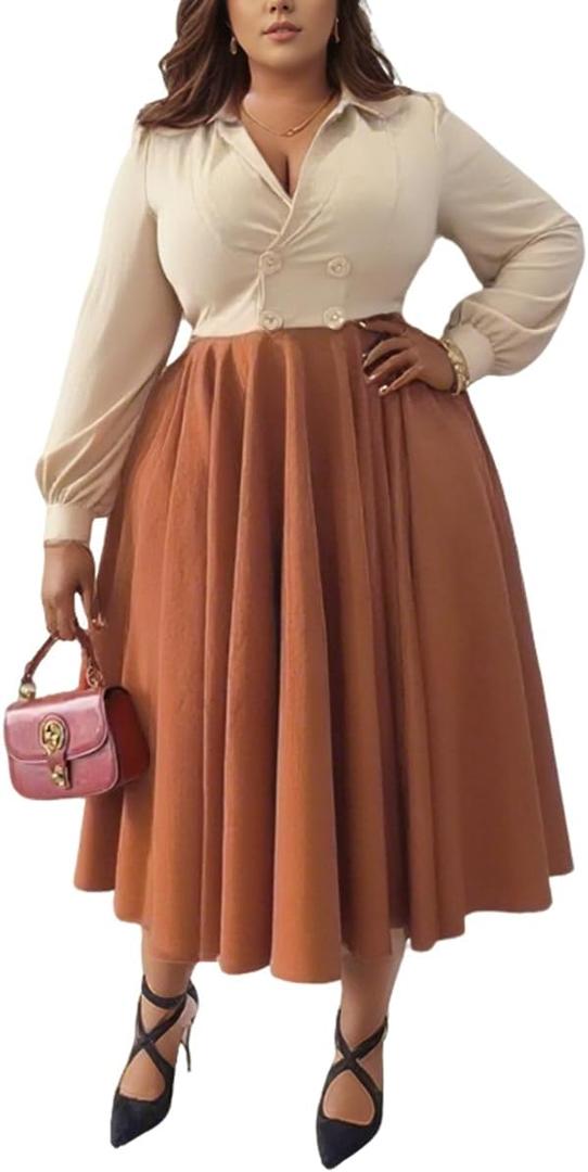 Women's Plus Size Maxi Dress Long Sleeves V Neck Button Down A Line Swing Dress, Beige Orange, 3XL