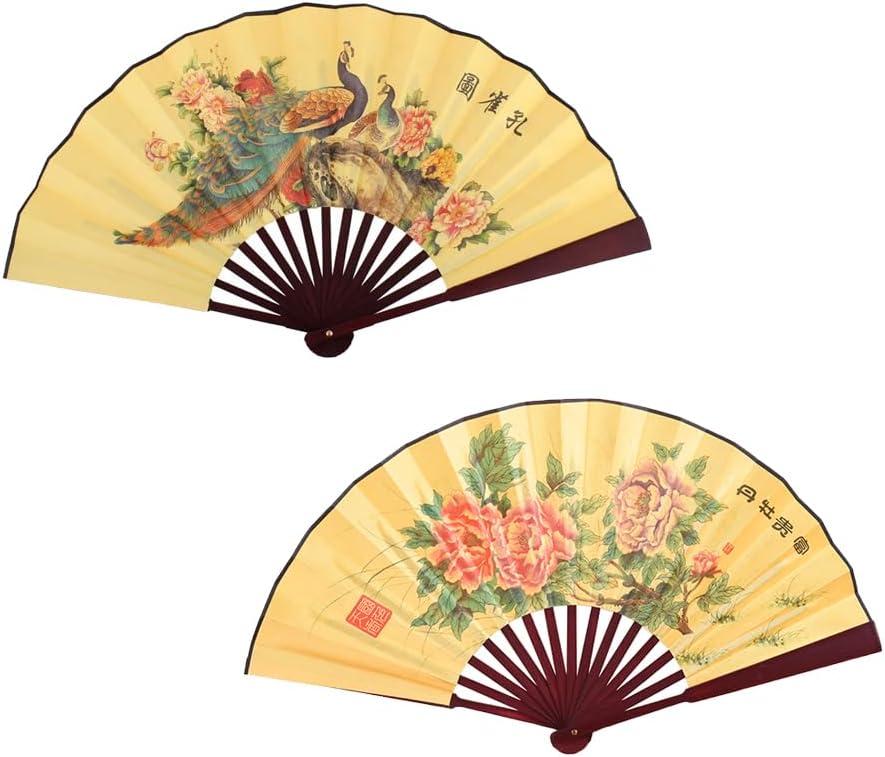 Folding Hand Fan,13 inch Bamboo Fabric Large Hand Fans with Chinese Traditional Painting for Decorations,Performance (Peacock & Peony)