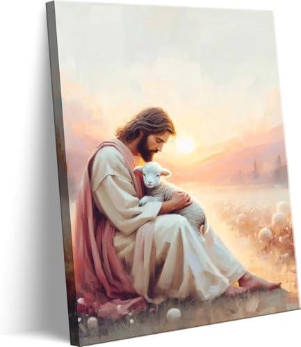 Jesus and Lamb Canvas Wall Art Christian Shepherds Save the Lamb Pictures Wall Decor Jesus Leaves The 99 Sheep Posters Prints for Bedroom Living Room Church Home Decoration 16x24in