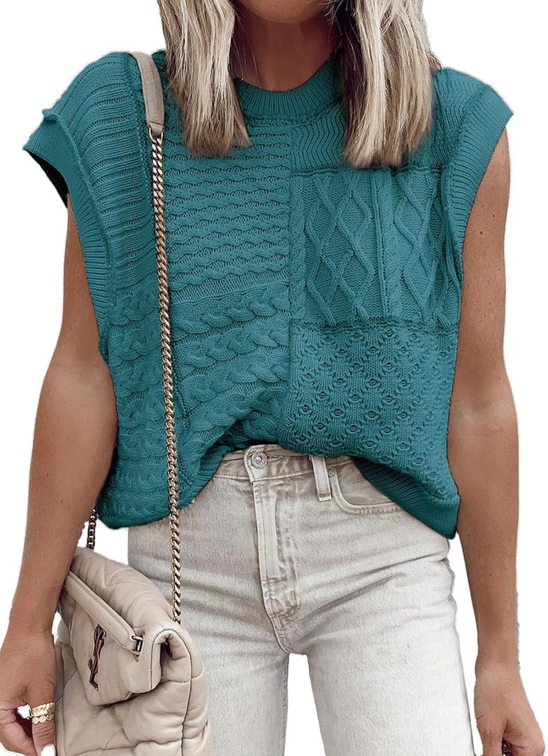 EVALESS Womens Short Sleeve Sweater Summer Fall 2025 Round Neck Crochet Pullover Cap Sleeve Knit Oversized Sweater Vest Tops (Medium, Lapis)