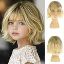 Short Wavy Blonde Kids Wig Synthetic Girls Bob Wig with Bangs Child Cosplay Costume Party Use