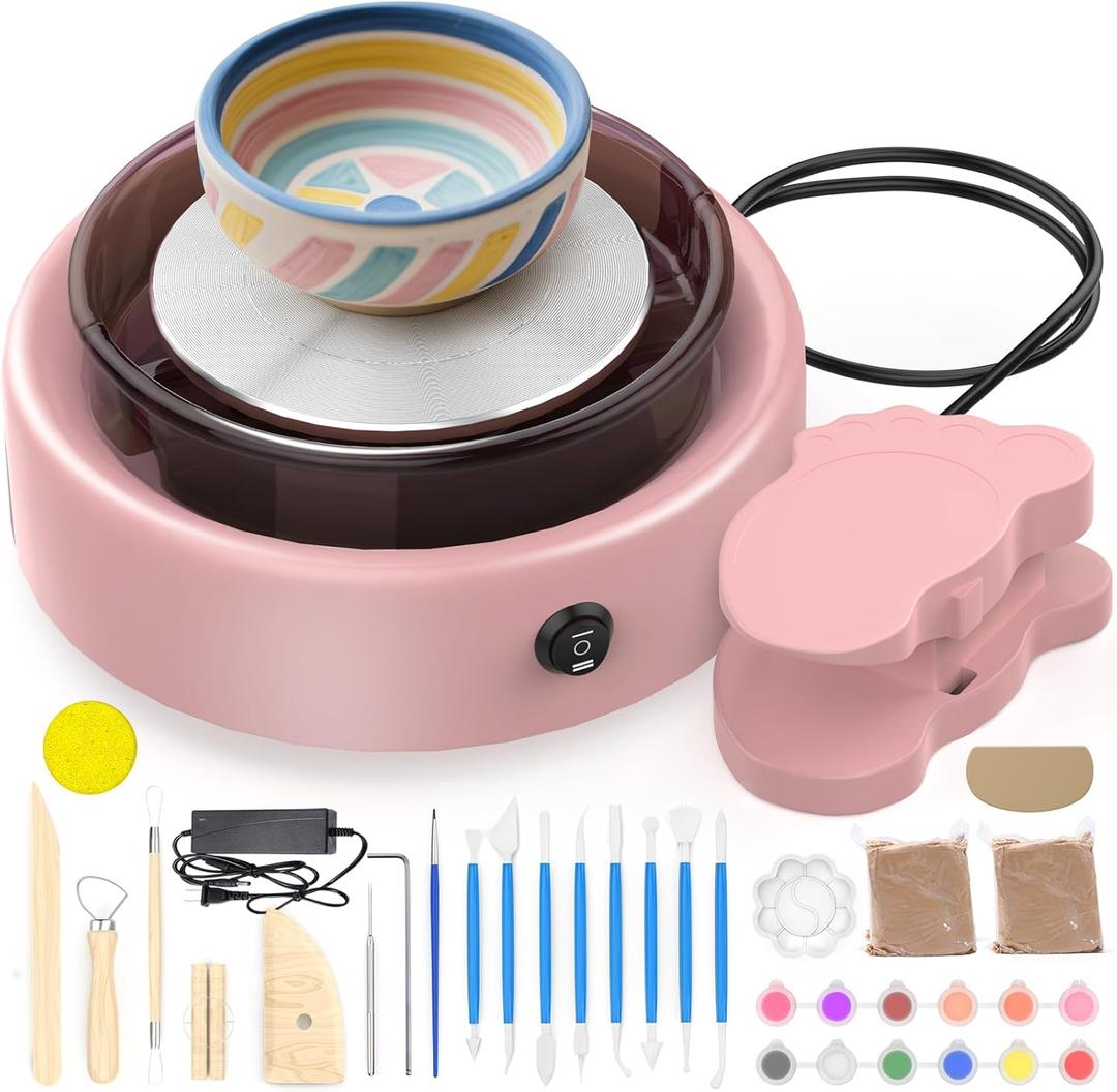Skirfy Mini Pottery Wheel for Beginners Adults with Foot Pedal9.5" Ceramic Machine for Kids Art Craft Glow in Dark Kits 2.2LB Air-Dry Clay,Carving Tools Adjustable Speed,DIY Projects Birthday Gift (Pink)