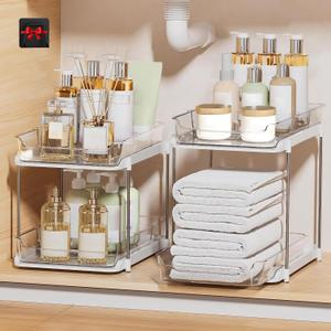Bathroom Organizers And Storage  With Multipurpose Holder, 2 Sets of 2 Tiers Stackable Under Sink Bathroom Drawer Organizer Multi-Purpose Pantry Organizer And Kitchen Organization With Dividers