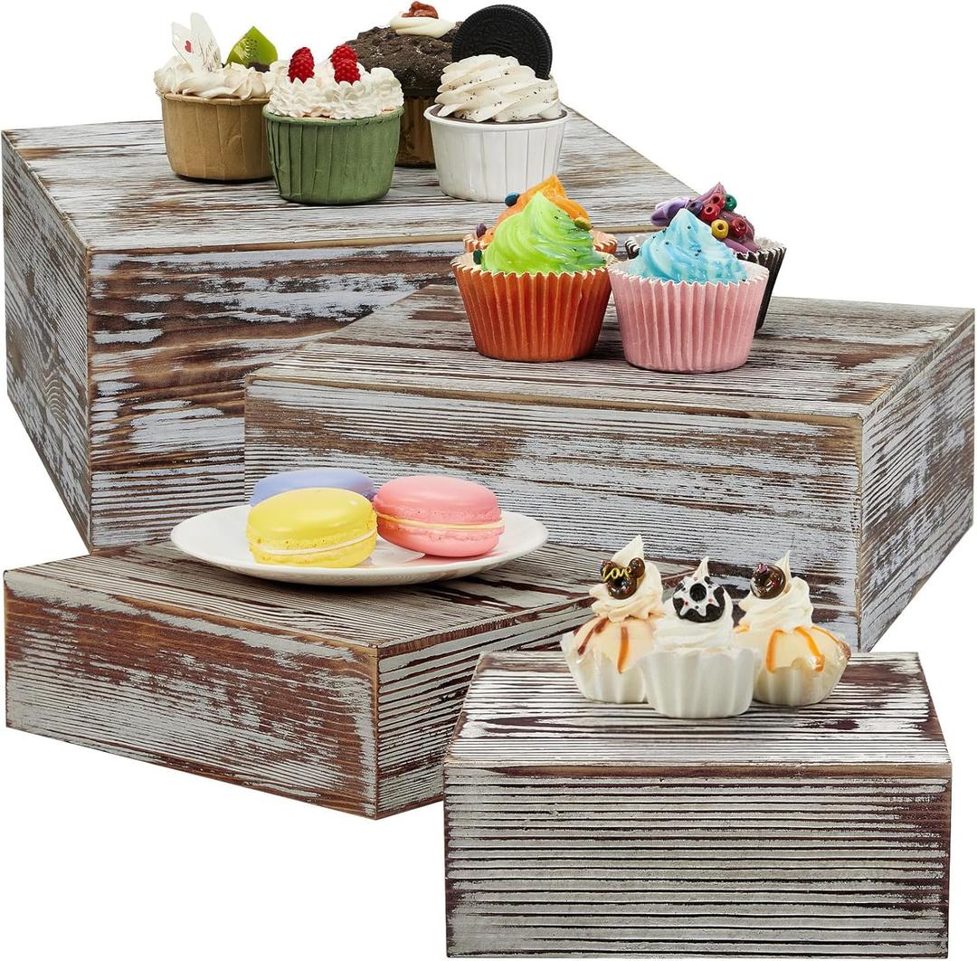 Juexica Set of 4 Wood Display Risers Rustic Cupcake Stand Wooden Stackable Display Box Wood Cake Stand for Dessert Wedding Birthday Christmas Party(Classic)