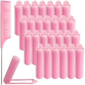28PCS Soft Curlers & 1PCS Rat Tail Comb, Pink Foam Sponge Hair Rollers Set for Women, for Hair Styling, Overnight Curl & Volume