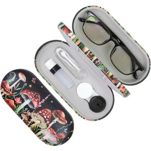 2 in 1 Contact Lens Case and Eyeglasses Case for Women Men Kids, Double Sided Hard Shell Portable Glasses Travel Holder with Built-in Mirror, Contact Lens Box Storage Kit (Black Mushroom)