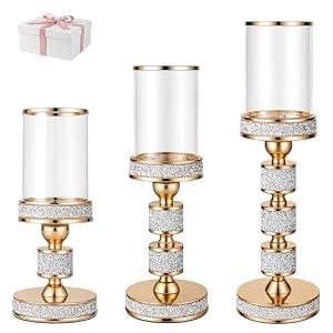 Hurricane Candle Holder, 15.9" Tall Metal Candle Stand, Glass Pillar Candle Holders Crystal Gold Decorative Centerpieces for Table, Wedding and Dining Room (Fits Candles up to 3"x5", 3pcs, S+M+L)