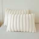 MEGO Pack of 2 Fluffy Faux Rabbit Fur Pillowcases, Ivory Striped Plush Fuzzy Bed Pillow Cases with Zipper, Farmhouse Shaggy Furry Ribbed Long Pillow Covers for Kids Teens Adults 20x26, Standard, Beige