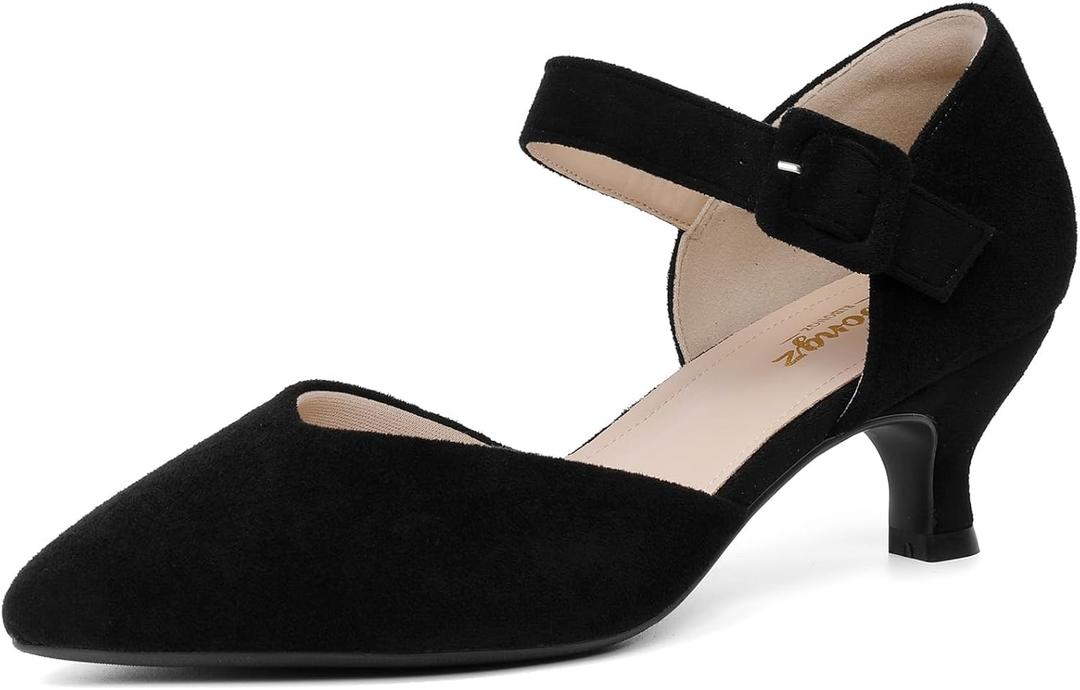 RIBONGZ Comfortable Kitten Heels for Women Pointed Closed Toe Ankle Strap Buckle Heels Slip on Low Heel Church Pumps Wedding Bridal Party Dressy Shoes (10, Black)