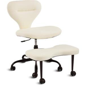 YFO Ergonomic Cross Legged Office Chair and ADHD Meditation Chair with Silent Wheels for Home Office Desk Chair and Yoga, Wider Backrest Support and Storage Pockets Design, PU Leather, Cream, 23.6 inches x 19.3 inches x 33 inches