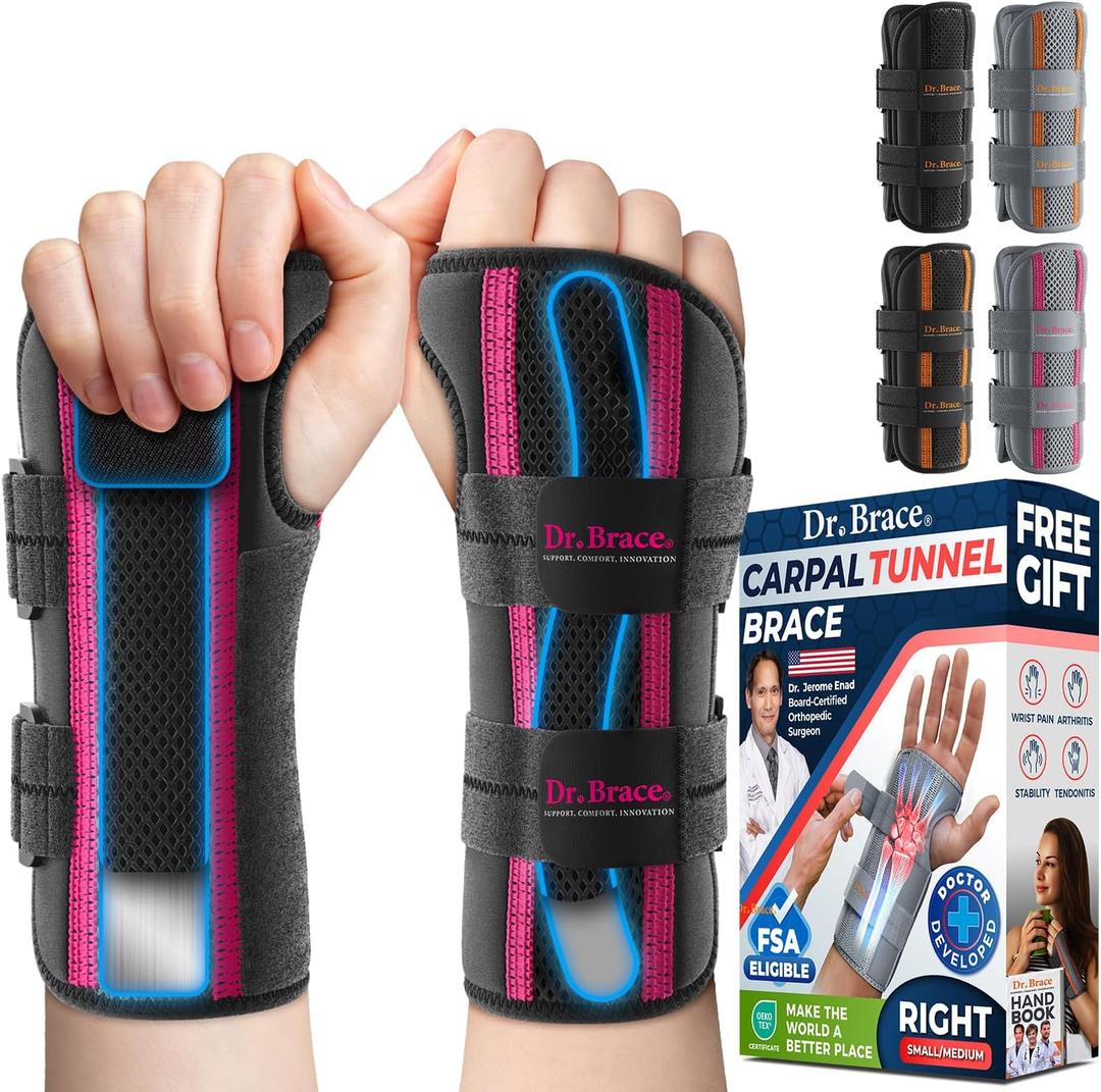 DR. BRACE Adjustable Wrist Brace Night Support for Carpal Tunnel, Doctor Developed, Upgraded with Double Splint & Therapeutic Cushion, Hand Brace for Pain Relief, Injuries, Sprains (S/M Right Hand, Black-Pink)