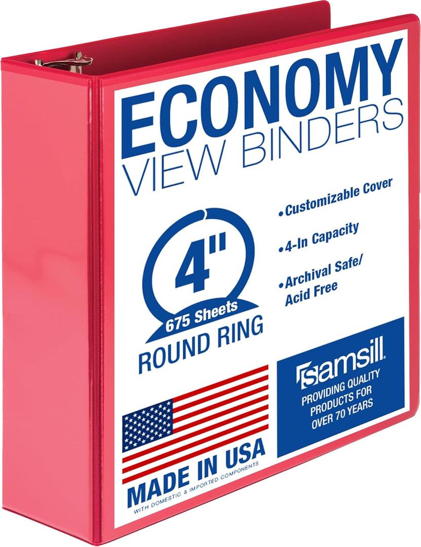 Samsill 4 Inch 3 Ring Binder, Economy Round Ring, Clear View Cover, 675 Sheet Capacity - for Schooo, Home, Office -Red