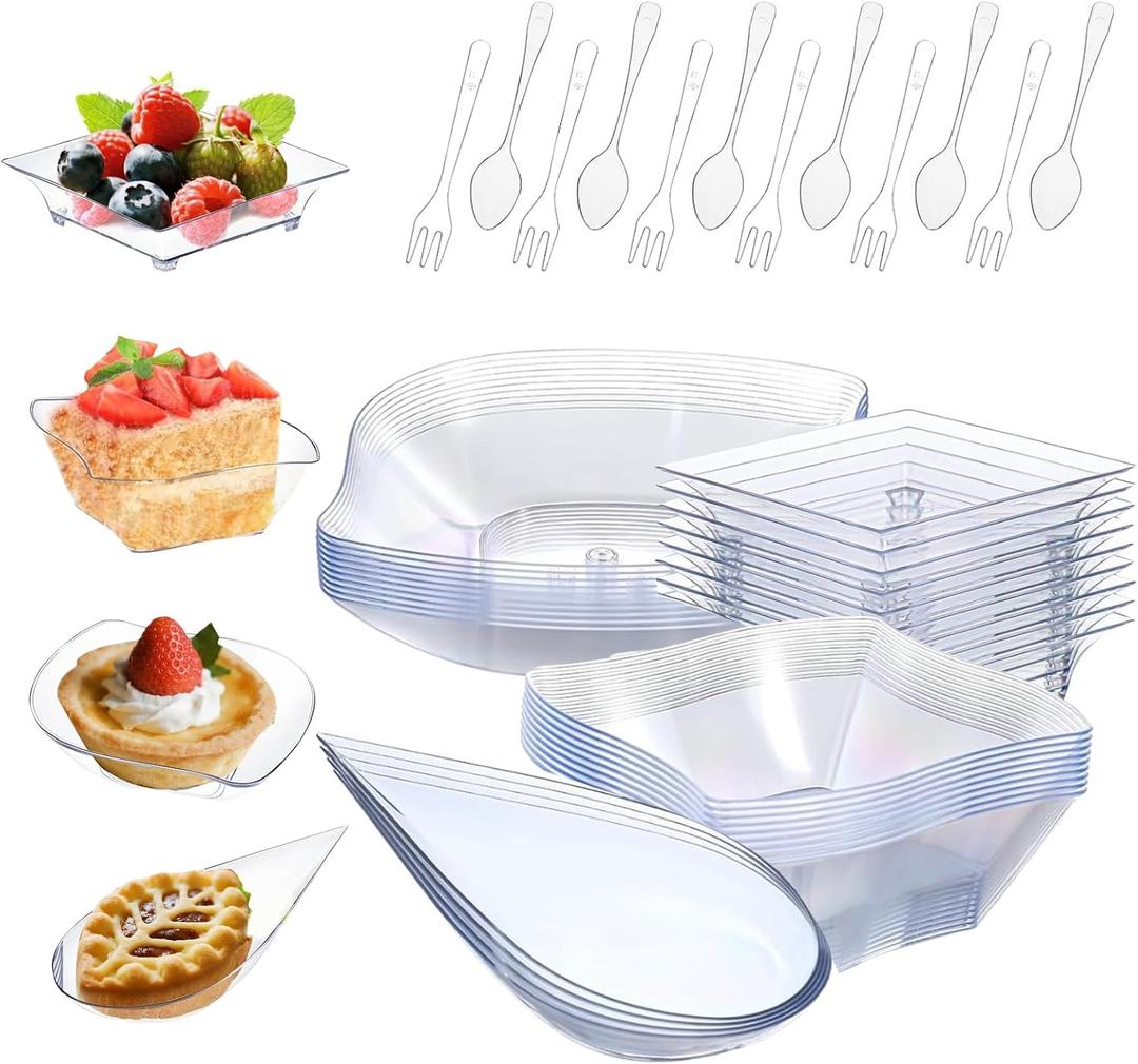 200 Pcs Mini Appetizer Plates with Spoons and Forks, Clear Disposable Dessert Bowls and Serving Trays, Tiny Plastic Party Plates for Appetizers, Tastings, Desserts