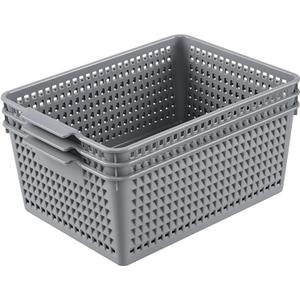 Set of 3 Large Plastic Baskets for Organizing, Plastic Storage Basket Organizer, Gray