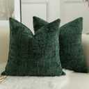 MANDIOO Pack of 2 Soft Chenille Textured Throw Pillow Covers Square Accent Solid Decorative Cushion Cover Cozy Farmhouse Pillow Case for Couch Sofa Bed Living Room 16x16 Inch Dark Green