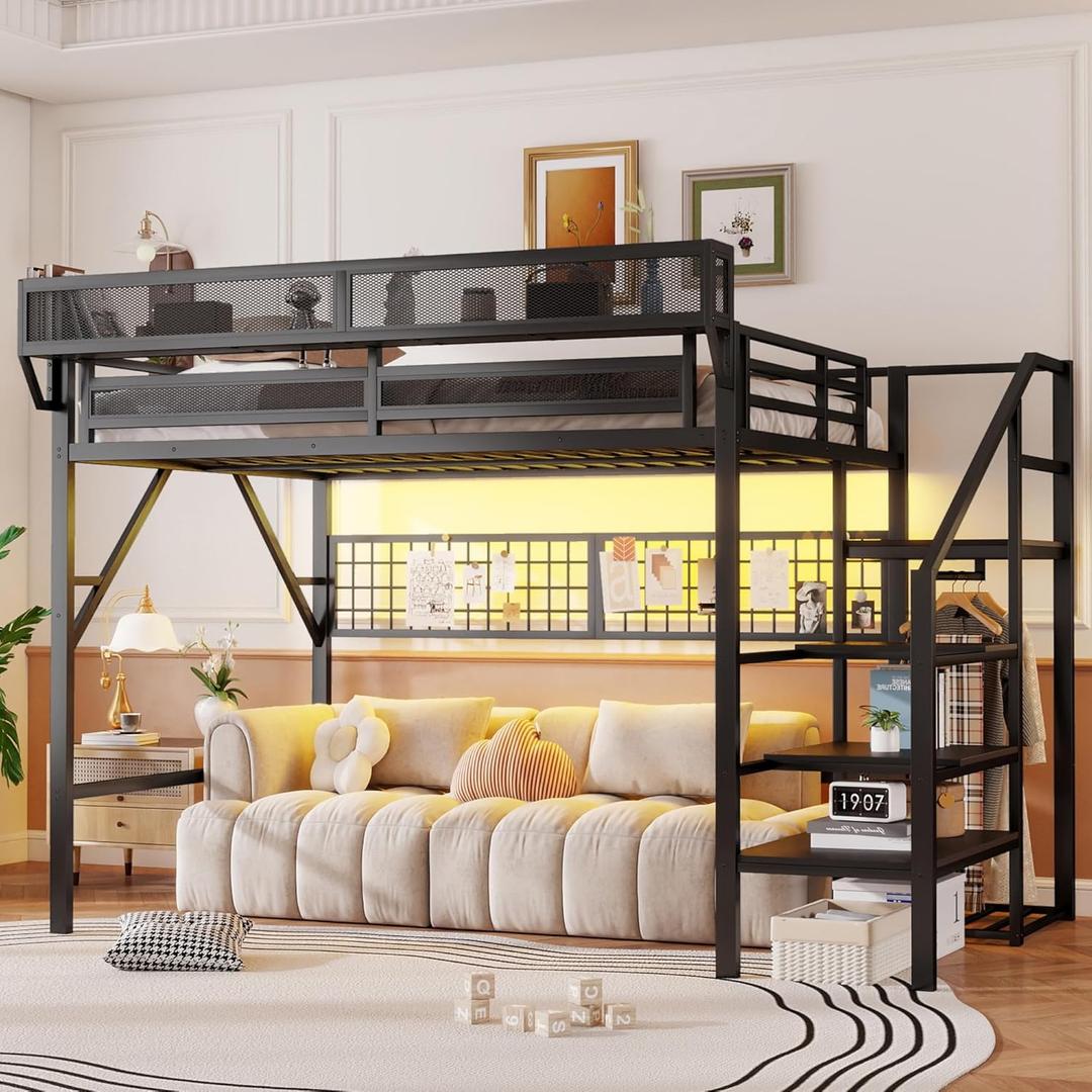 KEIKI Queen Size Metal Loft Bed Frame with Grid & Staircase & Built-in Storage Shelves & Wardrobe, Loft Bed with Solid Slats & Guardrail, No Box Spring Required, Easy Assembly, for Bedroom, Black