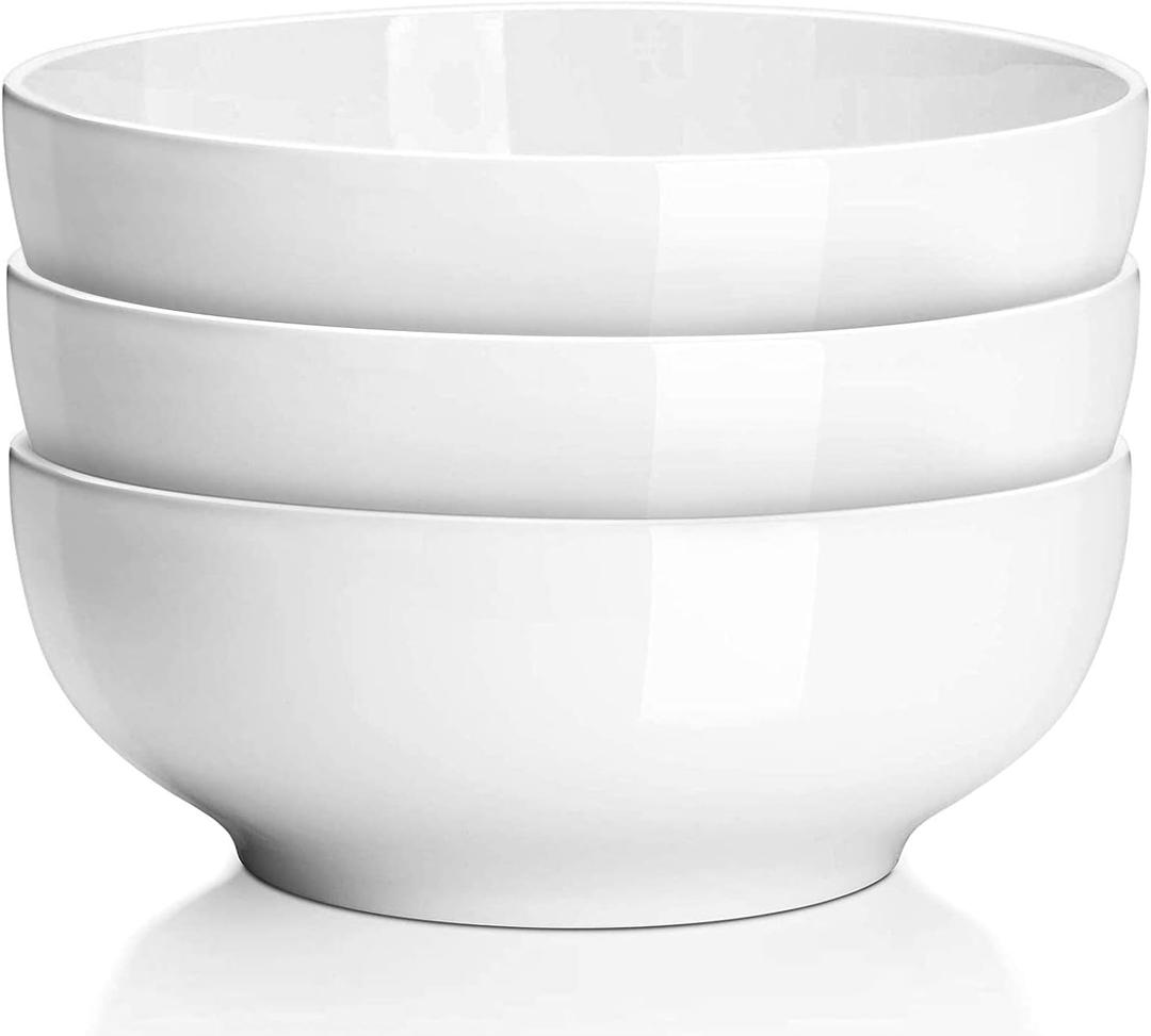 DELLING 60 Oz Large Serving Bowls Set of 3, 8 Inch White Ceramic Mixing Bowls - Soup Salad Pasta Ramen Bowls for Kitchen, Microwave Dishwasher Safe, Porcelain