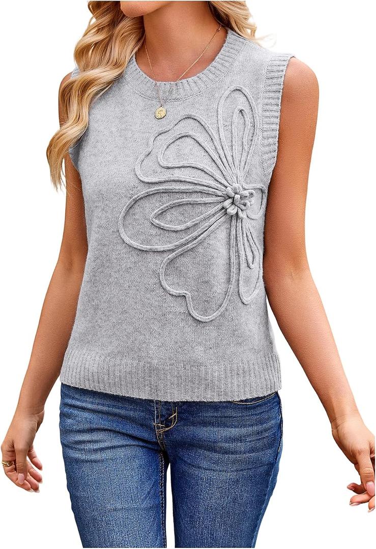 RoseSeek Women's 3D Floral Appliques Crewneck Sweaters Knit Tops Sleeveless Pullover Sweater Vest 2026 Elegant Tops (Gray, M)