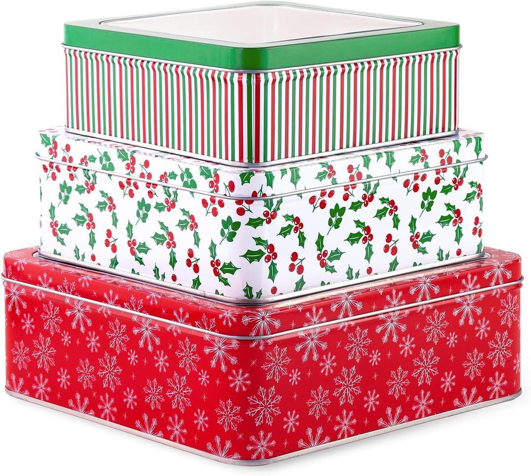 Steel Mill & Co Square Tin Containers with Lids, 3 Pack Christmas Cookie Tins, Festive Cookie Tins for Gift Giving & Holiday Treats, Metal Box Nesting Containers, Large Medium Small, Snowflake
