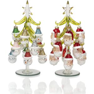 Red Co. Set of 2 Green Glass 8" Christmas Tree Tabletop Display Decorations with 12 Santa & Snowmen Ornaments