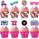 4 x 48 Pack Retro Cupcake Toppers and Wrappers, Retro Neon Party Cake Decoration for 80s 90s Theme Birthday Party Baby Shower Supplies