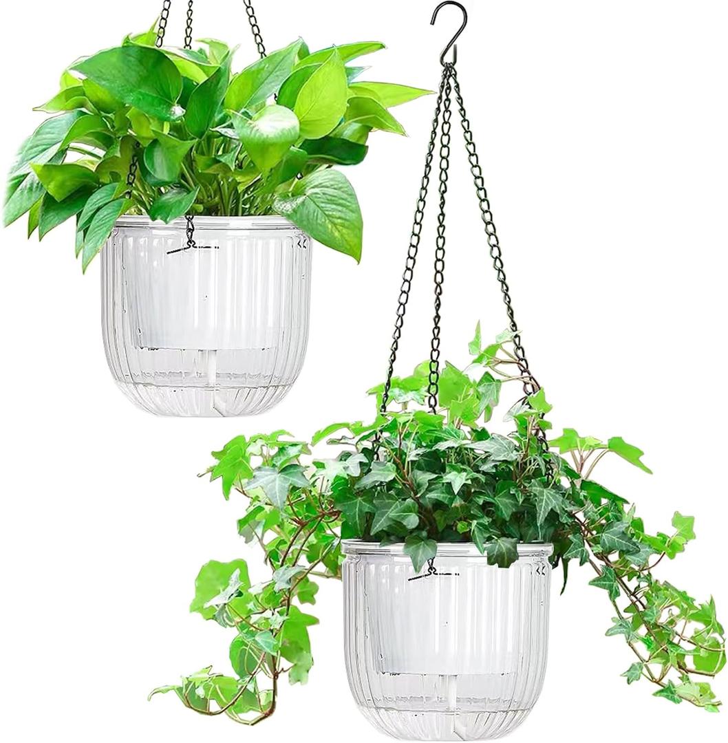 Melphoe 2 Pack Self Watering Hanging Planters Indoor Flower Pots, 6.5 Inch Outdoor Hanging Plant Pot Basket, Plant Hanger with 3Hooks Drainage Holes for Garden Home (White)