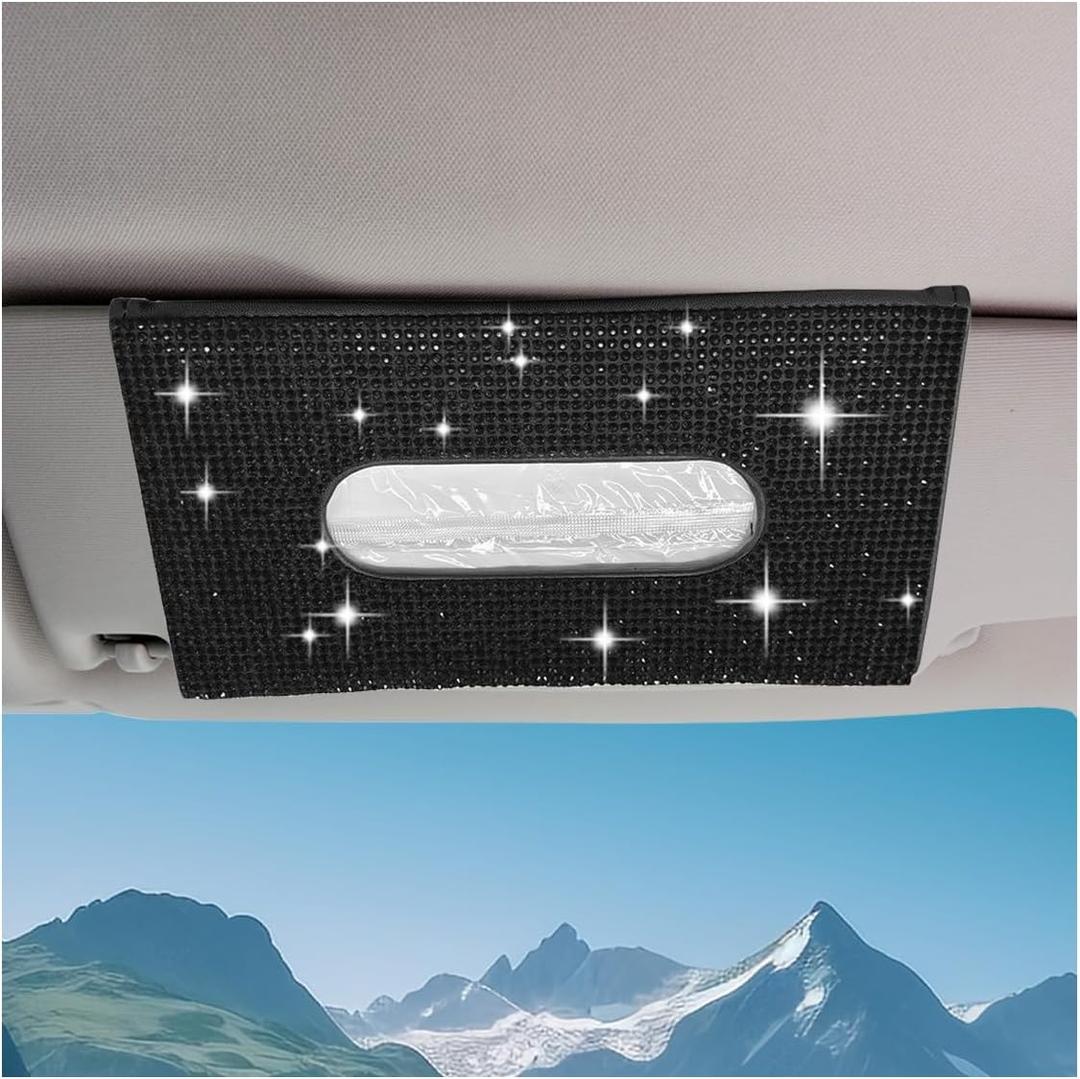 Bling Car Sun Visor Tissue Box Holder, PU Leather Auto Paper Towel Cover, Glitter Crystal Rhinestone Napkin Holder, Car Decoration Accessories for Women (Black)
