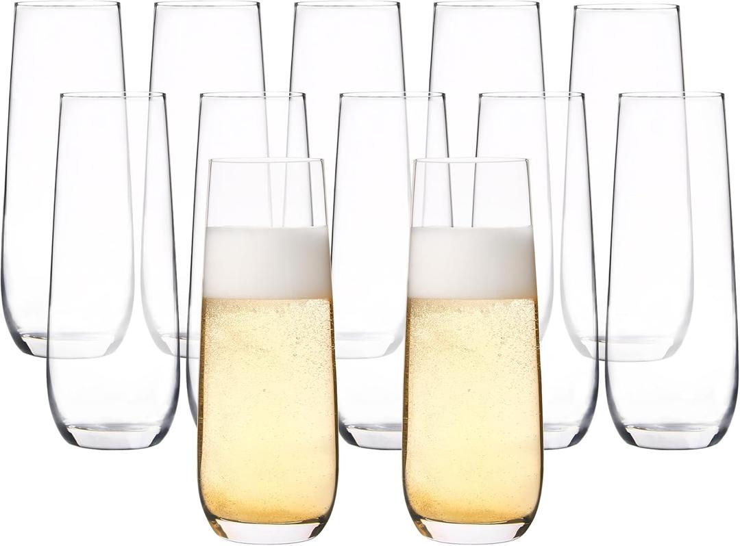 YANGNAY Stemless Champagne Flutes Set of 12, 8 oz - Clear Glass Toasting Glasses for Mimosa - Elegant Beverage Glassware