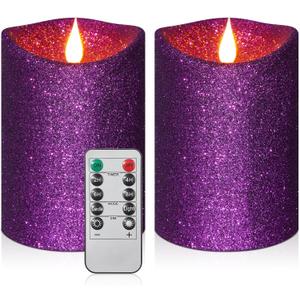 Retisee 2 Pcs Purple Glitter Flameless Candles, 3.5'' x 5'' Realistic Artificial Metallic Flame LED Candles Battery Operated Candle with Remote for Halloween, Christmas, Wedding, Birthday
