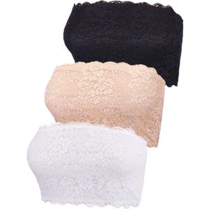 Boao 3 Pieces Women's Floral Lace Tube Top Bandeau Strapless Bras Seamless Stretchy Chest Wrap (Large, Black, White, Beige)