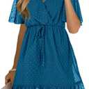 KIRUNDO Women's Summer Dresses 2025 Casual Short Sleeve V Neck Ruffle Floral Print High Waist Flowy Mini Dress with Belt (Large, Style2-lake Blue)