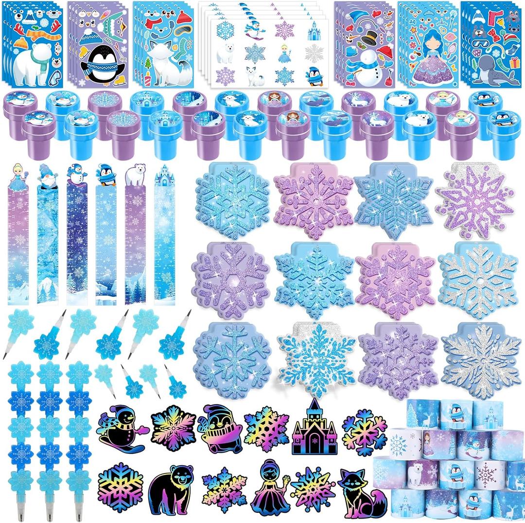 BenLouis 108Pcs Frozen School Stationery Party Favors Winter Snowflake Themed Classroom Gift Reward Prizes Bulk for Students Kids Holiday Frozen Birthday Goodie Bag Stuffers Pinata Filler