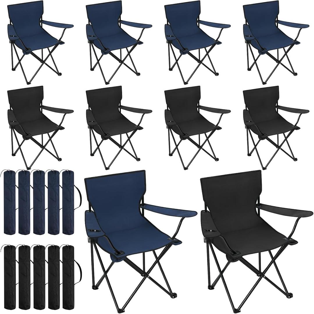 Huwena 10 Pack Folding Camping Chairs with Cup Holder and Carry Bags, Portable Outdoor Lawn Chairs Bulk for Picnic Party Backyard Events Beach Outdoor Activities, 19.7 X 19.7 X 31.5 Inches