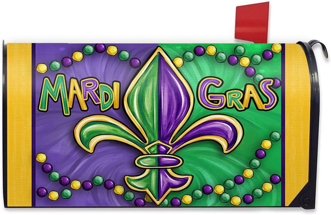 Mardi Gras Fleur De Lis Mailbox Cover Magnetic Standard Size 20.5" x 18", Beads New Orleans Carnival Decorative Post Letter Box Wrap Decor, Masquerade Party Garden Yard Outdoor Decoration