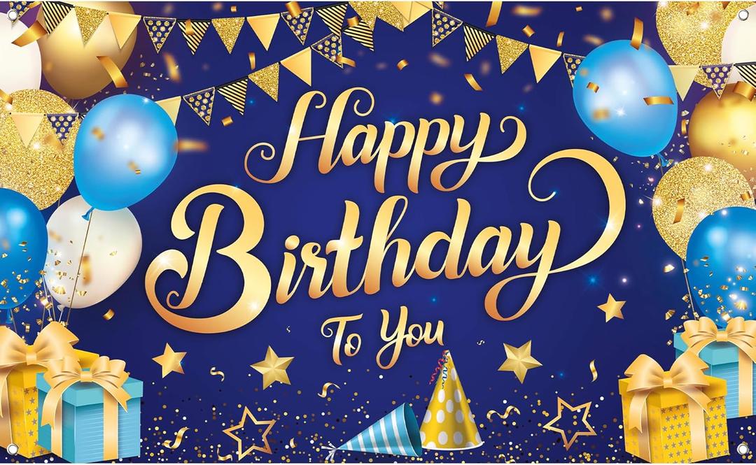 KatchOn, XtraLarge Blue and Gold Happy Birthday Banner - 72x44 Inch | Bday Backdrop Banner for Birthday Decorations | Blue Party Decoration