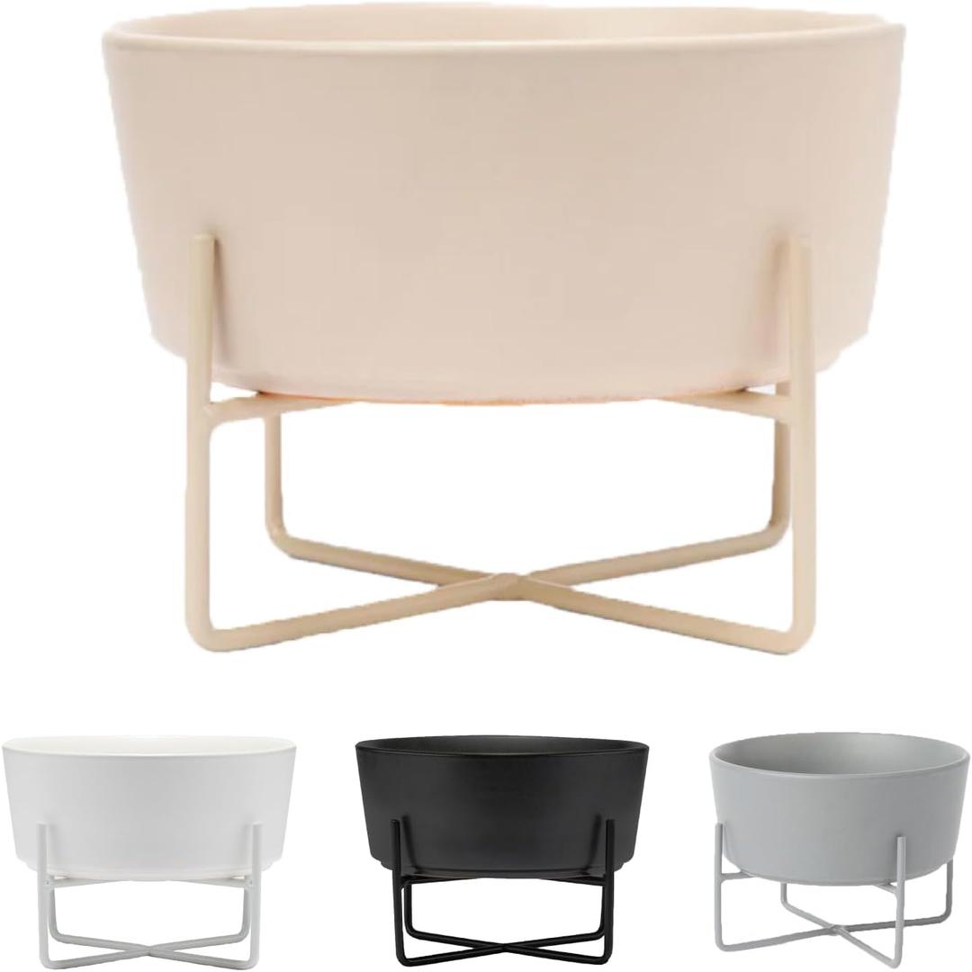 Waggo Simple Solid Dog Bowl and Dog Bowl Stand - Single Iron Stand with Single Ceramic Feeder or Water Bowl (Large, Matte Buttercream)