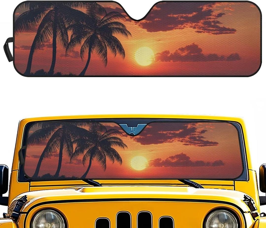 Sun Shade for Car Windshield Plams Sunshade Easy to Store Car Sunshades for Windshield for Most Jeep Wrangler Gladiator Summer UV Protection