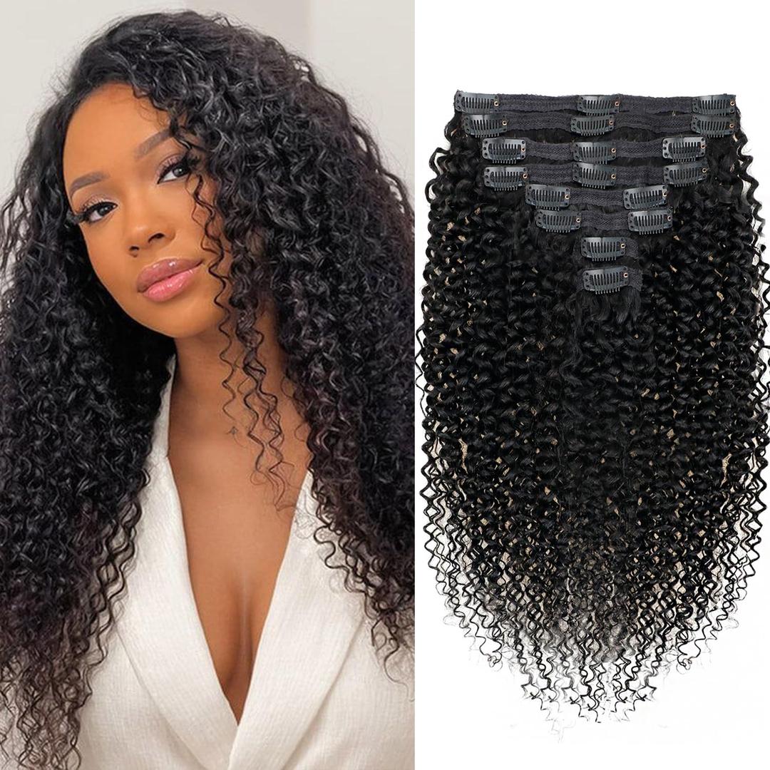 Curly Clip in Hair Extensions Real Human hair Brazilian Virgin 3c 4a Kinky Curly Clip ins Human Hair Extensions (20inch,#1B) (Curly-Natural Black)