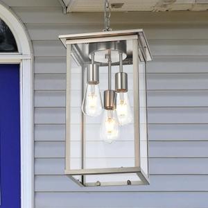 Yaohong Large Outdoor Chandelier for Porch, 3-Light Brushed Nickel Outdoor Pendant Light Fixture Rust-Resistant Metal with Clear Glass, Adjustable Exterior Pendant Light for Porch Entrance Foyer Front