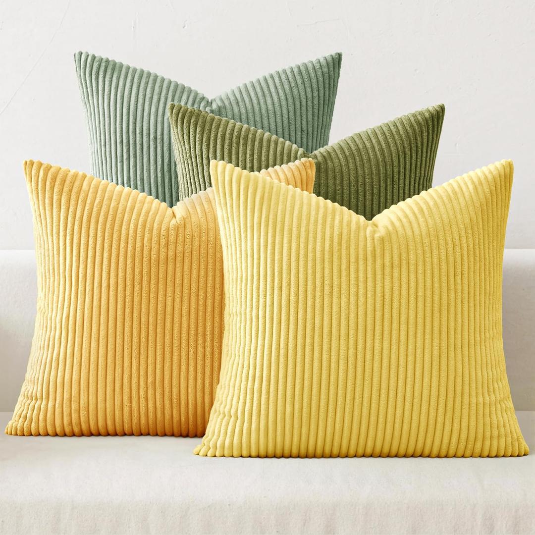 MIULEE Boho Farmhouse Yellow Green Throw Pillow Covers 20x20 Inch Set of 4 Mordern Nordic Cushion Covers Soft Corduroy Spring Home Decor for Couch Bed Sofa Living Room