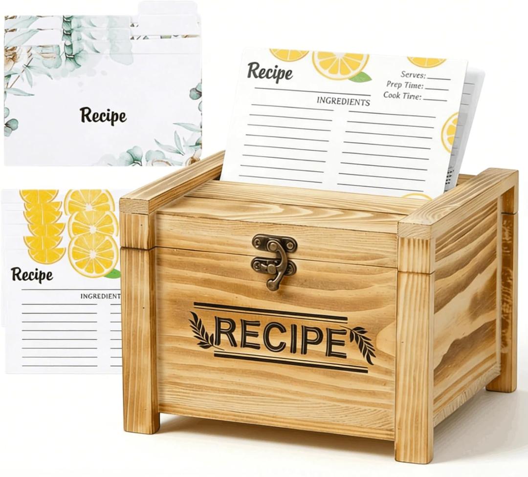 Youeon Wooden Recipe Box with Cards and Dividers, 100 Pcs 4x6 Lemon Recipe Cards & 24 Dividers, Wood Recipe Organizer with 3 Display Slots, Wedding, Bridal Shower & Housewarming Gift